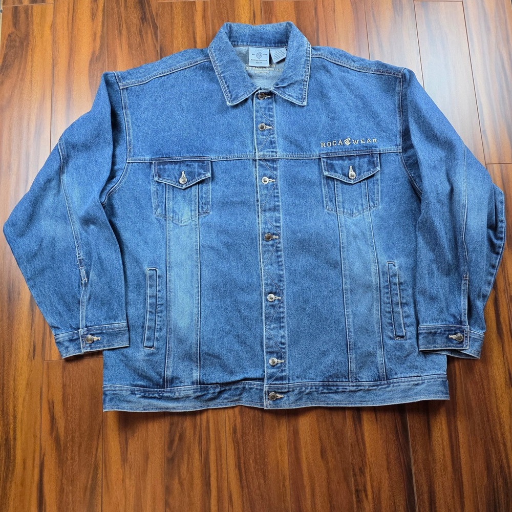Vintage Rocawear Denim Jacket Mens 3X Big & Tall Y2K Blue Trucker All American
